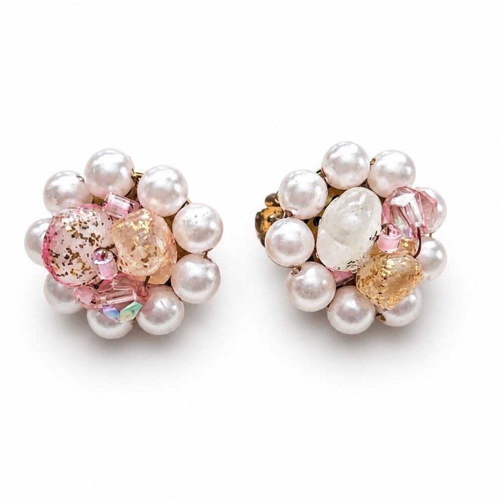 1950 s Vintage Japan Pink and Gold Foil Bead Pearl Cluster Clip Earrings